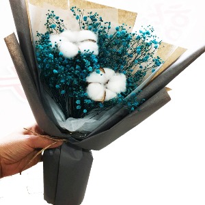 프리저브드 블루안개 흰색목화꽃다발 드라이플라워