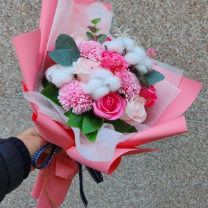 졸업식꽃다발 목화꽃 &amp; 핑크장미 비누꽃 비누카네이션 꽃다발
